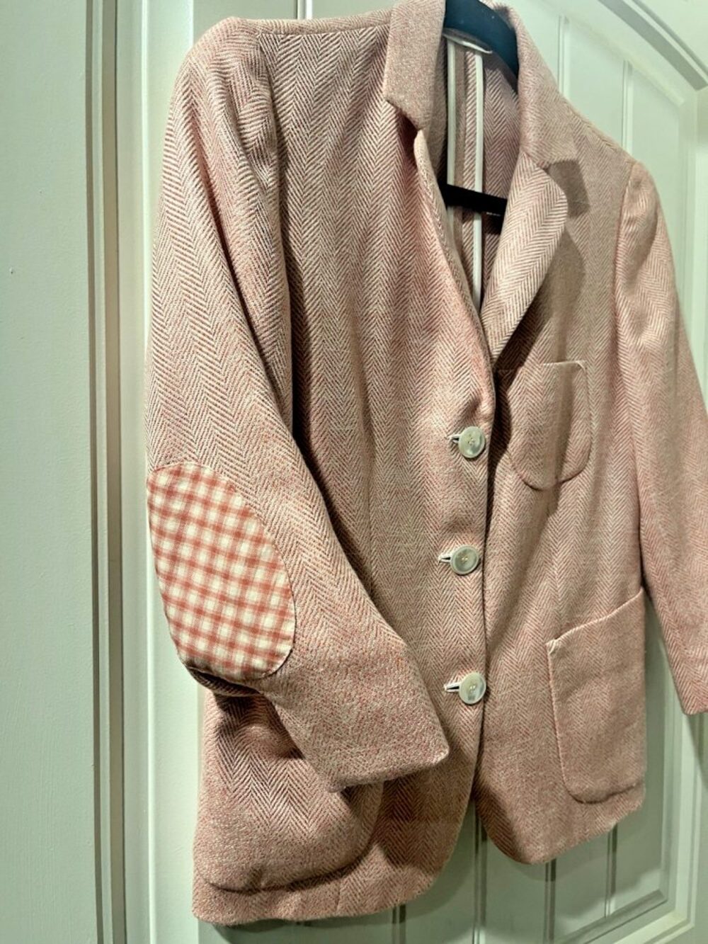 Kiton Pink Herringbone Cashmere Silk Blazer Plaid Elbow Patch/Trim US 4 IT 40
